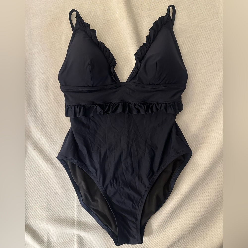 J. Crew Navy Ruffle Deep-V One-Piece Swimsuit - Picture 5 of 9